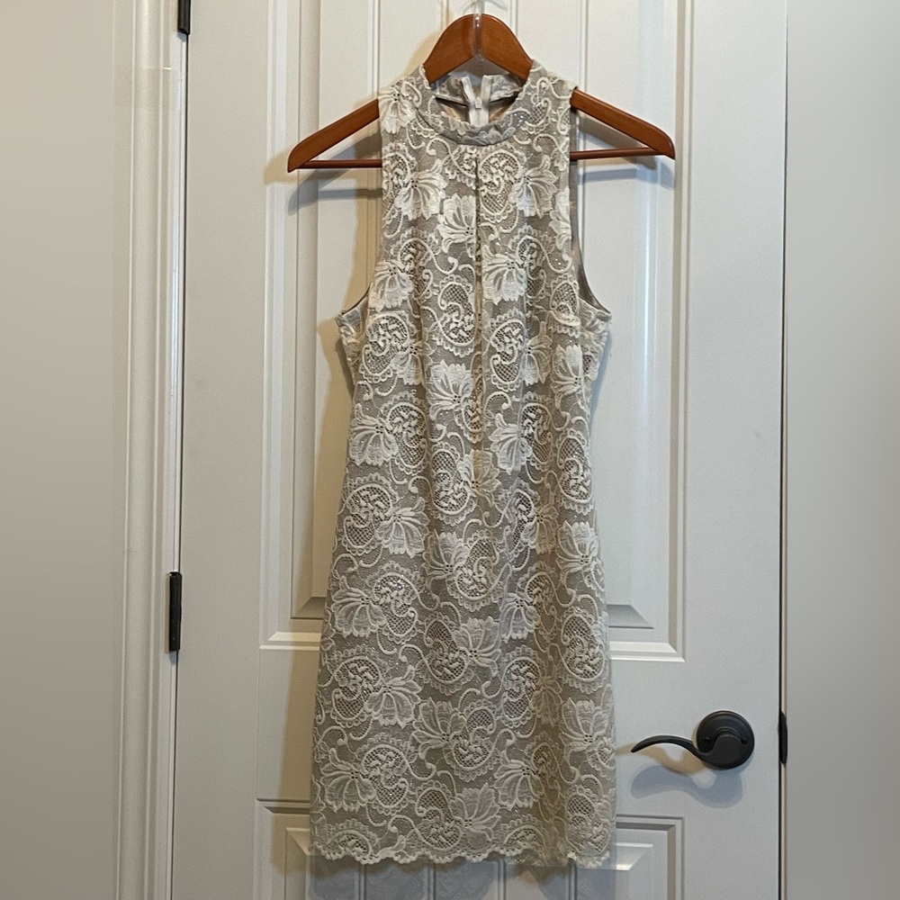Love•Fire  M  Ivory Lace High-Neck Mini Dress w Coppery Champagne color Lining